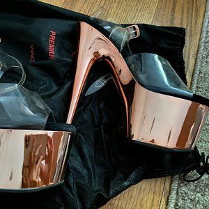 Used Rose Gold Pleaser Sandals, Size 7, 6" Heels